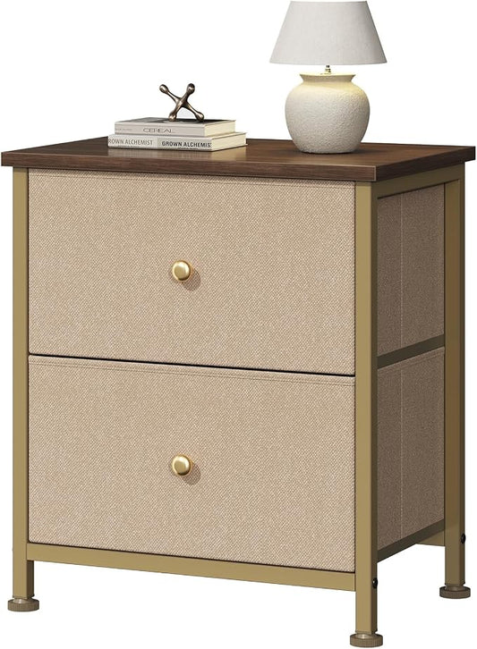 DUMOS Nightstand Small Dresser with 2 Fabric Drawers Side Tables Bedroom End Table Kids Bedside Storage Furniture for 20 inch Tall Night Stand for Closet, Entryway, College Dorm, Khaki