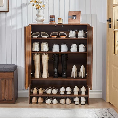 ORRD Shoe Storage Cabinet with Scalloped Doors, 5-Tier Wooden Shoe Cabinet with Adjustable Shelves, Shoes Rack Storage Organizer for Entryway, Hallway, Living Room, Walnut