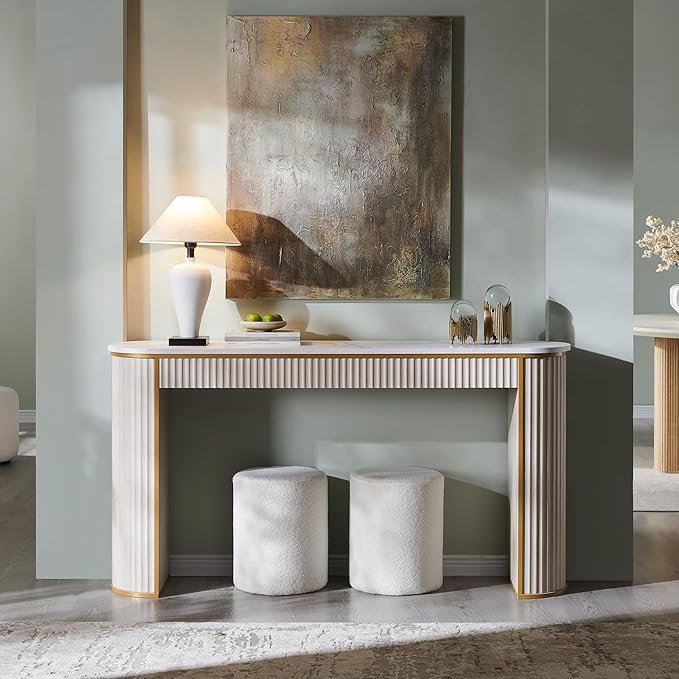 OKD Modern Fluted Console Table, 63" Long Narrow Entryway & Sofa Tables for Hallway, Tall Accent Table Behind Couch for Foyer Living Room, White Alder
