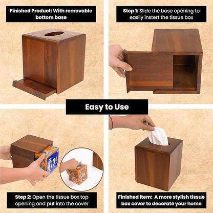KOLWOVEN Acacia Wood Square Tissue Box Holder - Farmhouse Style, Brown