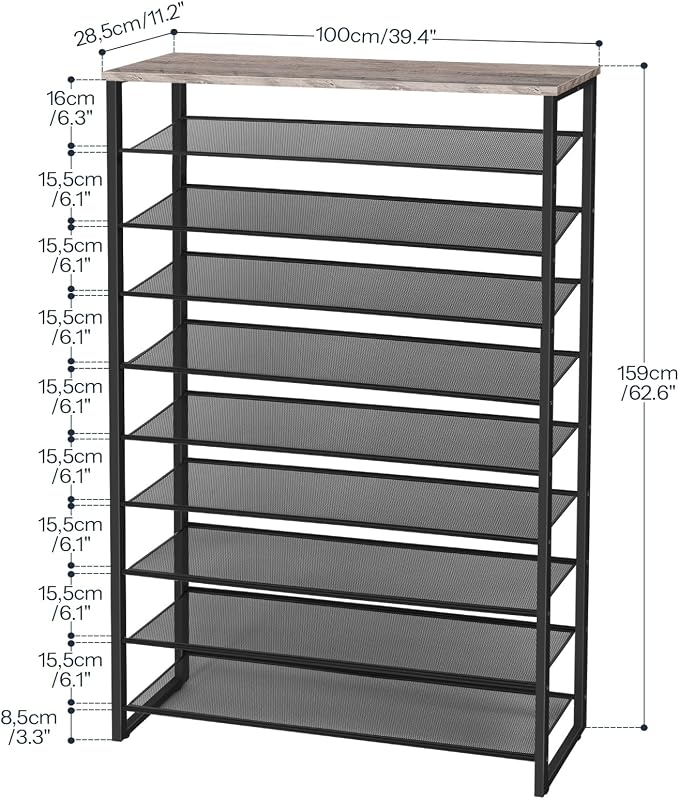 HOOBRO 10-Tier Shoe Rack for Entryway, 39.4" L Shoe Storage Organizer, Large Capacity Shoe Shelf for Closet, Front Door Entrance, Hallway, Holds 45-50 Pairs of Shoes, Greige and Black BG171XJ01