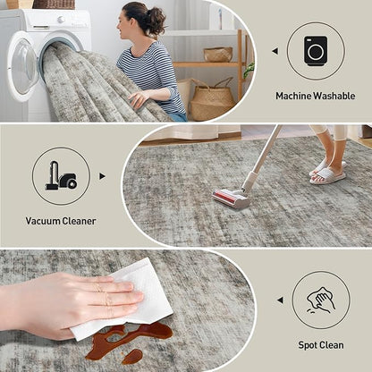 4x6 Area Rugs Washable Rug: Modern Abstract Living Room Rug Soft Anti-Skid Thin Carpet Indoor Floor Non-Shedding Carpets for Bedroom Dining Room Farmhouse Nursery Home Office Brown Black