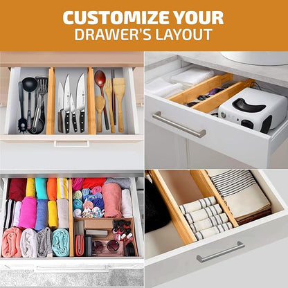 4-Pack Bamboo Drawer Dividers - 2.6 in High, Adjustable 16 to 22 in Expandable Drawer Organizers and Dresser Separators for Clothes, Bedroom, Bathroom, Kitchen, and Office Organization and Storage