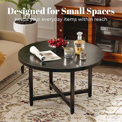 FAMIDGE Round Coffee Table, Small Coffee Tables for Living Room, Black Coffee Table with Metal Frame, Floor Table Desk for Sitting on The Floor, Home, Office, Farmhouse, Black (23.6" D x 17.7" H)