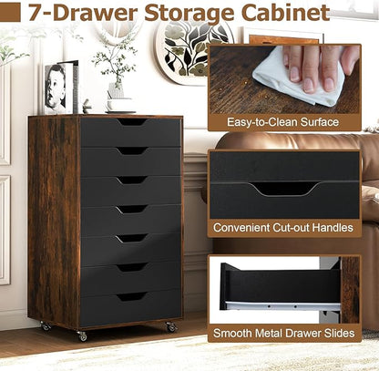 Giantex 7-Drawer Storage Cabinet, Mobile File Organizer with 4 Universal Casters, Wooden Vertical Filing Cabinet on Lockable Wheels for Office, Study, Living Room (19.5” x 16” x 34.5”,Brown+Black)