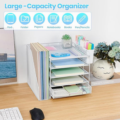 Desk Organizers and Accessories, 5-Tier Paper Letter Tray Organizer with File Holder, Drawer & Pen Holder, Office Desk Accessories, Desktop Organizer for Classroom Office Supplies, White