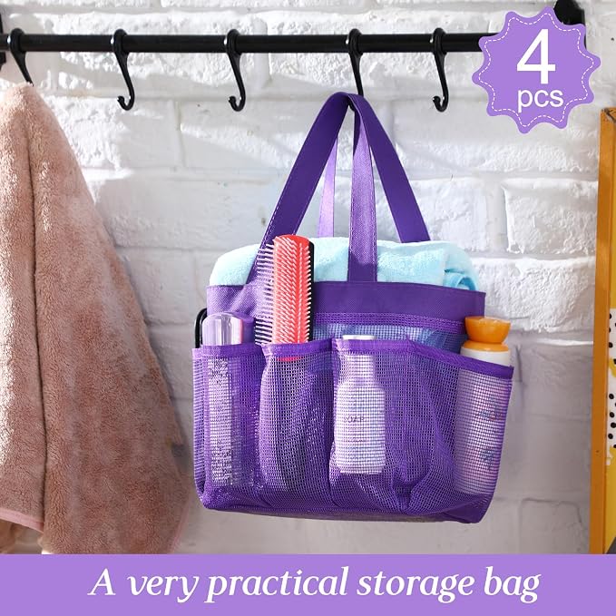 Hillban 4 Pcs Mesh Shower Caddy Portable Shower Caddy for Dorm Beach Mesh Bags with Deeper 8 Pockets and Handles Showers Caddies Basket for Women College Room Vacation(Purple)