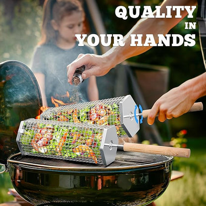 ivtivfu Rolling Grill Basket, Removable Wooden Handle, 304 Stainless Steel, Nesting Grilling Tools, Smoker BBQ Accessories for Vegetable, Outdoor Cooking Camping, Birthday Gifts for Men Dad Husband