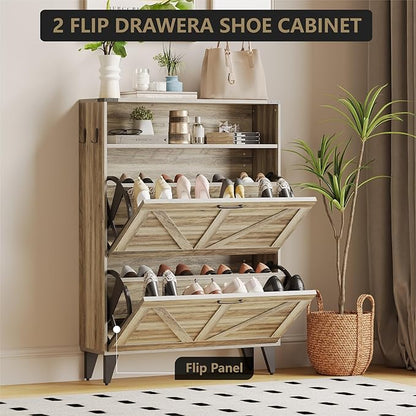Shoe Cabinet with 2 Flip Drawers, Shoe Storage Cabinet for Entryway, Freestanding Shoe Cabinet Organizer with Open Storage, Free Standing Shoe Rack Cabinet Corner, Retro Gray