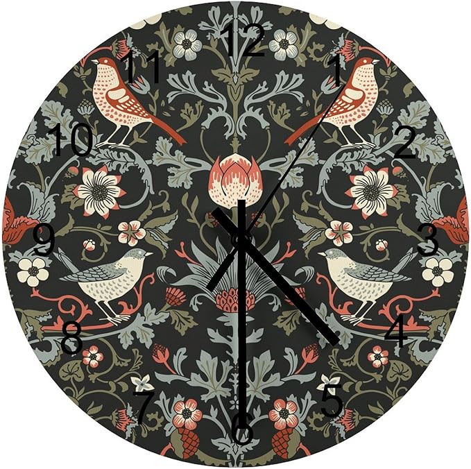 William Morris Wall Clock Silent Non Ticking Battery Operated, Vintage Art Black Rustic Floral Botanical Bird Clock Decorative for Bathroom Kitchen Bedroom Living Room(12 Inch)