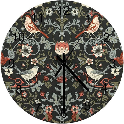 William Morris Wall Clock Silent Non Ticking Battery Operated, Vintage Art Black Rustic Floral Botanical Bird Clock Decorative for Bathroom Kitchen Bedroom Living Room(12 Inch)