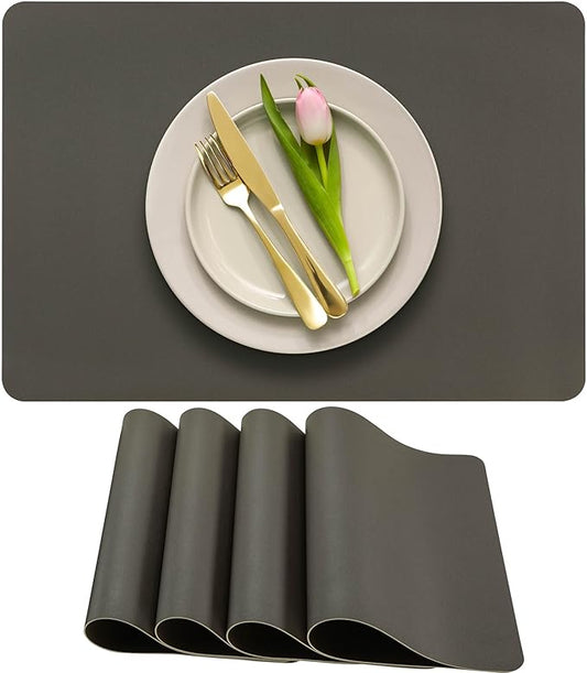 More Décor Faux Leather Placemats Set of 4 for Dining Table – Waterproof, Wipeable, Washable, Stain & Heat Resistant, Non-Slip Table Mats – 12 X 17 Inch, (Solid Dark Grey, 4)