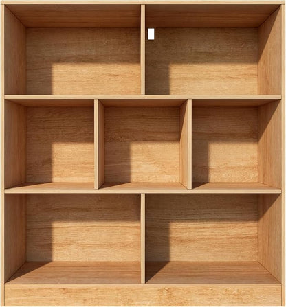 7-Cube Wooden Bookshelf with Base,3-Tier Freestanding Open Storage Organizer,Multi-Functional Bookcase for Living Room,Bedroom,Study and Office (Oak, 7-Cube)