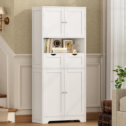 TEENFON 57.8" H Tall Bathroom Storage Cabinet with 4 Doors & 2 Adjustable Shelves, Freestanding Bathroom Cabinet with 2 Drawers, Kitchen Cabinets & Pantry, Cupboard for Kitchen, Dining Room, White