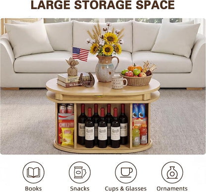 YESHOMY 45.2" Extendable Coffee Table with Storage, Fluted Oval Coffee Table with Sliding Door, Mid Century Modern Center Table for Living Room, Oak