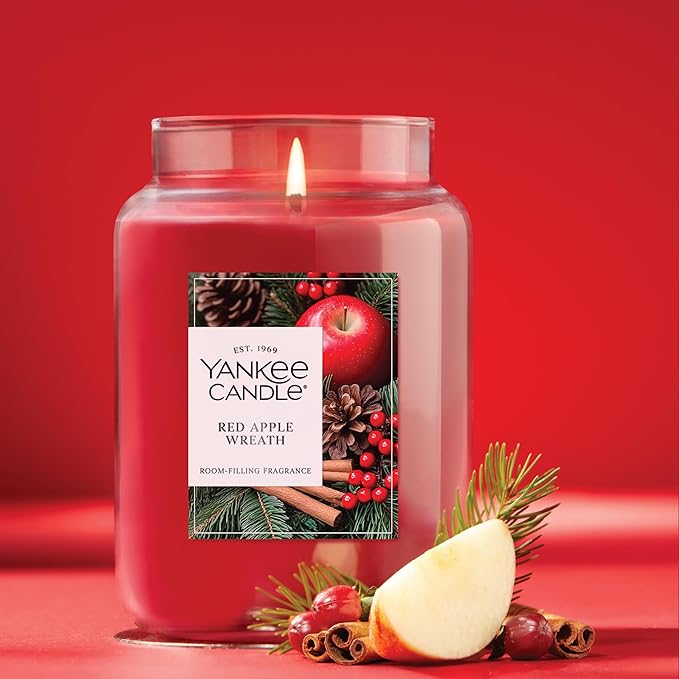 Yankee Candle Red Apple Wreath, Holiday Scented Candle, 22oz Large Jar with up to 150 Hour Burn Time, Giftable