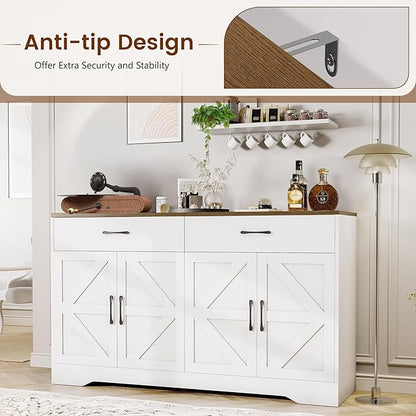 55" Sideboard Buffet Cabinet with Storage, Large Kitchen Storage Sideboard with Drawers & Doors, Modern Wood Farmhouse Coffee Bar Cabinet, Buffet Table for Kitchen, Dining Room, Living Room, White