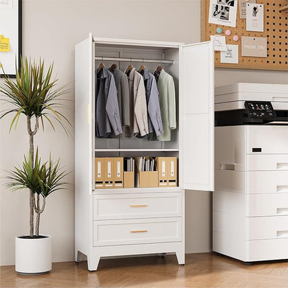 COFaR 71" Metal Wardrobe Closet with 2 Drawers & Hanging Rod, Freestanding Armoire Storage Cabinet with Adjustable Shelf and 2 Doors, White Steel Closet Organizer for Bedroom