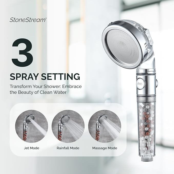 Original StoneStream EcoPower High Pressure Handheld Shower Head with ON OFF switch- 3 Spray Settings with Hose, Wall Adapter and Replacement Beads
