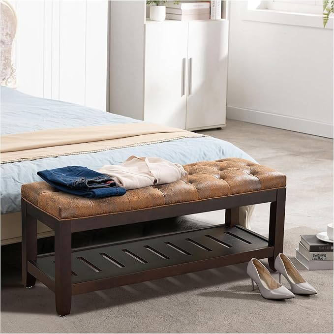 44" Ottoman Bench, Upholstered End of Bed Bench, Oversized Footrest with Wood Shelf torage Storage Bench for Bedroom, Entryway, Living Room, Light Brown(Suede)