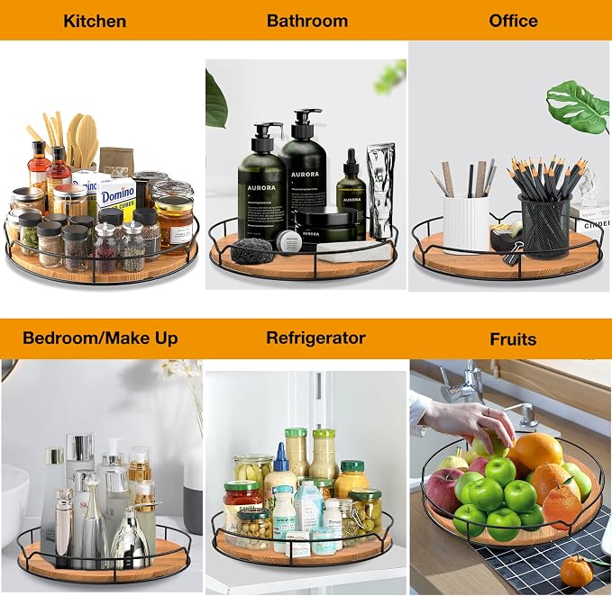 Lazy Susan Turntable Organizer for Cabinet Pantry Kitchen Countertop Refrigerator Cupboard, Pine Wood (Carbonized Black, 12“)
