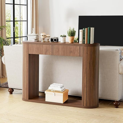 42.5” Console Table with 2 Drawers, Fluted Entryway Table with Rounded Corners, Rectangular Sofa Table Behind Couch for Living Room, Hallway, Foyer (Walnut)