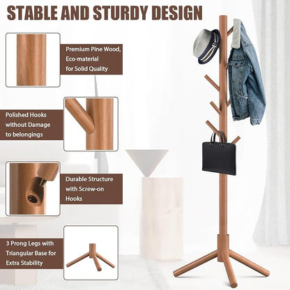 Haddockway Wooden Coat Rack Stand with 8 Hooks New Zealand Pine 3 Adjustable Coat Standing Tree Easy Assembly for Coats, Hats, Scarves and Handbags for Entryway, Hallway, Bedroom, Office