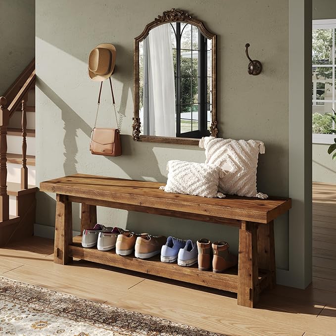 55" Solid Wood Entryway Bench with Shoe Storage, Rustic Hardwood Finishes Foyer Bench with Open Shelf for Hallway, Mudroom, Bedroom, Easy Assembly