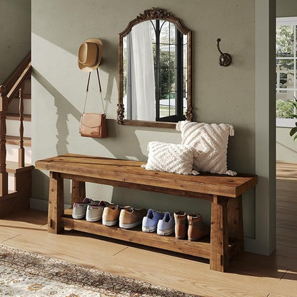 55" Solid Wood Entryway Bench with Shoe Storage, Rustic Hardwood Finishes Foyer Bench with Open Shelf for Hallway, Mudroom, Bedroom, Easy Assembly