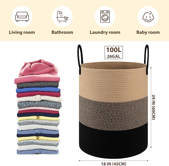 OIAHOMY Large Laundry Basket Hamper - 100L Cotton Rope Woven Basket for Blankets, Toys, Clothes - Tall Decorative Nursery Hamper with Long Handles, Yellow/Black