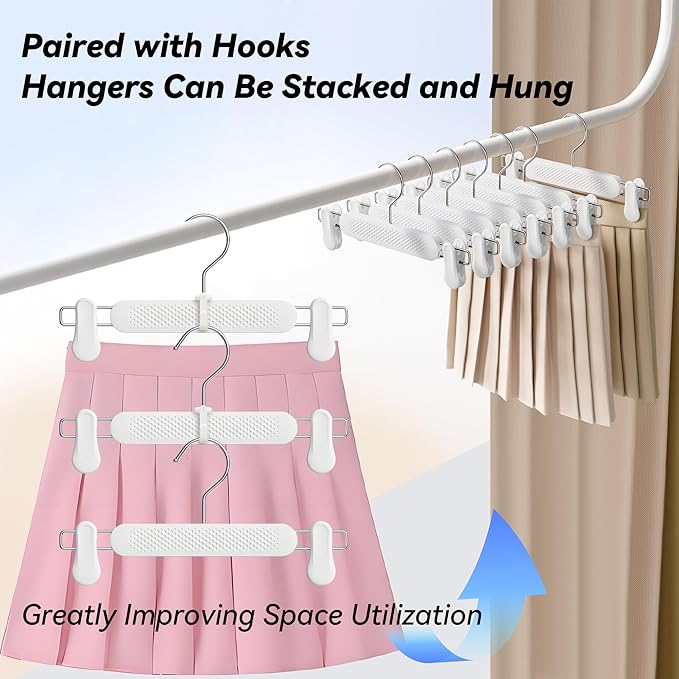Baby Kids Pants Hangers with Clips 30 Pack, Frosted Embossing Adjustable Heavy Duty Skirt Hangers for Women Toddler, Children, Space Saving Non-Slip with 360° Swivel Hook (White)