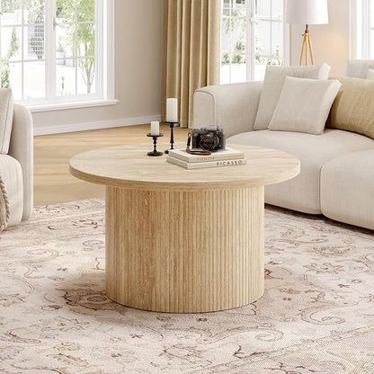 ONBRILL 31.5" Round Coffee Table, Tambour Design Coffee Tables for Living Room, Mid Century Modern Wood Coffee Table, Drum Accent Small Center Table, Travertine Texture