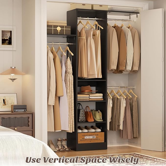 Cyclysio 4FT Small Closet System, 80"H Closet Organizer System with 4 Closets Rods & 3 Shelves, 48" Closets Organizers and Storage for Small Bedrooms, Laundry Rooms, Cloakrooms, Black