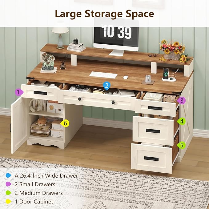 Farmhouse Executive Desk with Drawers & Storage Shelves, 55" Computer Desk with Power Outlets, Home Office Desk with Monitor Stand & File Drawers, Writing Study Table, Antique White