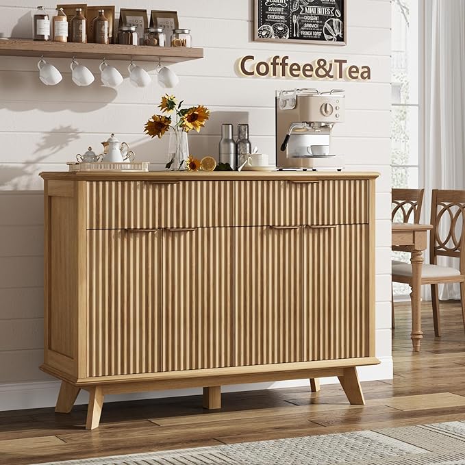 QUW Fluted Buffet Sideboard Cabinet with Storage, 47.2" Kitchen Cabinet with Drawers and Adjustable Shelves, Modern Coffee Bar with Charging Station, for Dining Room, Living Room, Natural Oak