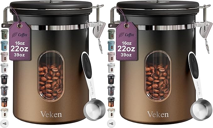 Veken Coffee Canister with Window,Airtight Stainless Steel Kitchen Food Storage Container, Date Tracker & Scoop for Grounds Coffee, Beans, Tea,Flour,Cereal,Sugar,22OZ,Copper (Pack of 2)