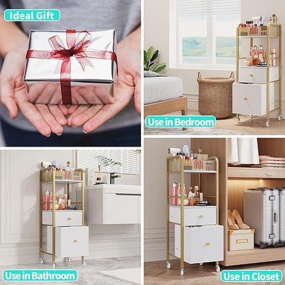 HapiRm Rolling Makeup Cart Organizer - Floor Skincare Make Up Storage with 2 Non-woven Fabric Drawers, Vanity Organizer Cosmetic Display Cases Holder for Skin Care Perfume Nail Polish Brush Hair Tool