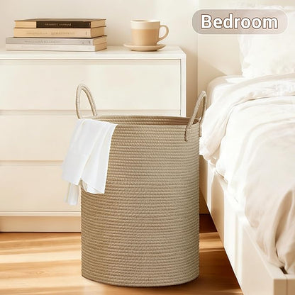 Tall Laundry Basket with Handles, 58L Portable Dirty Clothes Hamper, Boho Cotton Rope Storage Bin for Blankets Kids Toys Gifts, Decorative Organizer for Baby Nursery Bedroom Bathroom, Jute