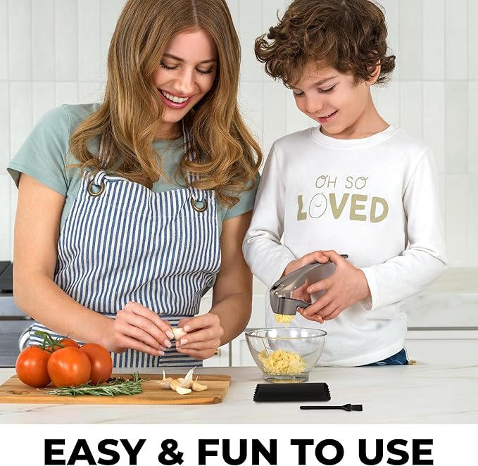 Zulay Kitchen Large Premium Garlic Press Set – Rust Proof & Dishwasher Safe, Bigger Bowl Garlic Mincer Tool with Silicone Garlic Peeler & Brush, Easy Squeeze & Clean, Ergonomic Handle - Dark Gray