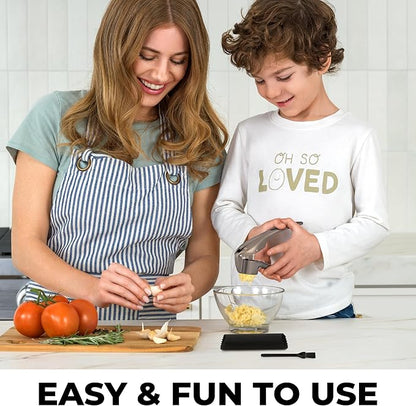 Zulay Kitchen Large Premium Garlic Press Set – Rust Proof & Dishwasher Safe, Bigger Bowl Garlic Mincer Tool with Silicone Garlic Peeler & Brush, Easy Squeeze & Clean, Ergonomic Handle - Dark Gray