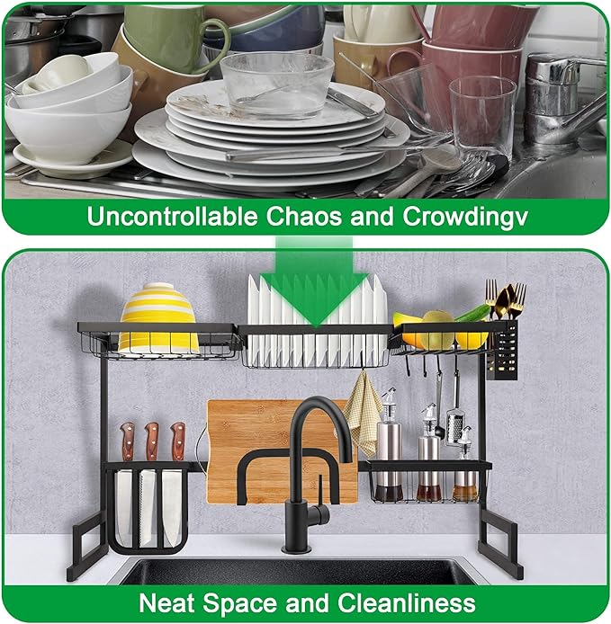 LUCKYERMORE Over The Sink Dish Drying Rack, 2 Tier Dish Drying Rack,Dish Drainer Rack for Kitchen Counter Organization and Storage,Space-Saving Dish Rack,33.4" x 12.5" x 20.4", Black