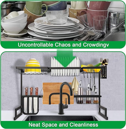 LUCKYERMORE Over The Sink Dish Drying Rack, 2 Tier Dish Drying Rack,Dish Drainer Rack for Kitchen Counter Organization and Storage,Space-Saving Dish Rack,33.4" x 12.5" x 20.4", Black