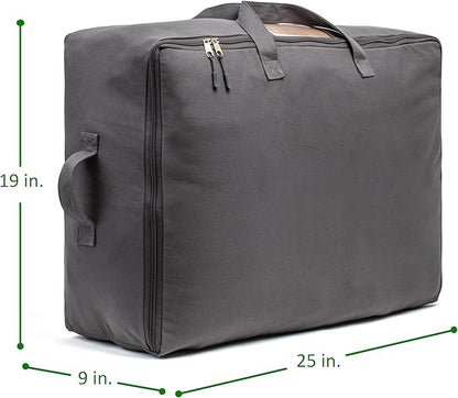 Soft Canvas Storage Bags with Zipper. Thick Breathable, 2pc King/Queen Comforter Organizer. Four Carrying Handles and Window. Large 25x19x9in Bag for Sheets Blankets Bedding Pillows, Clothes (Grey)