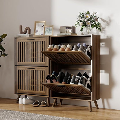Vibe & Dine Shoe Cabinet with 2 Flip Drawers, Walnut Shoe Storage Cabinet for Entryway Slim, Free Standing Shoe Rack Organizer with Hollowed Doors for Hallway, Bedroom