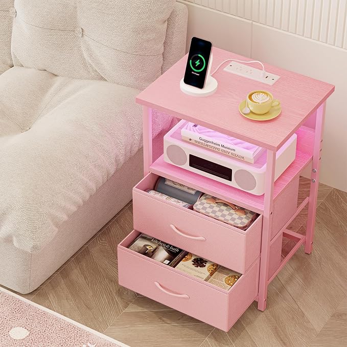 Fixwal Night Stand with Charging Station, LED Nightstand with U-S-B Ports and Outlets, 2 Fabric Storage Drawers with PU Finish, Small Bedside Table, Pink