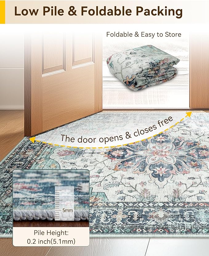 RELEANY Area Rugs Runner 2'x8' Washable Non-Slip, Floral Vintage Distress Medallion Carpet for Kitchen Hallway Bedroom Beside Laundry Room Bathroom, Green Navy Blue White Red Teal