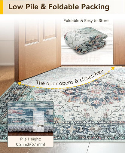RELEANY Area Rugs Runner 2'x5' Washable Non-Slip, Floral Vintage Distress Medallion Carpet for Kitchen Hallway Bedroom Beside Laundry Room Bathroom, Green Navy Blue White Red Teal