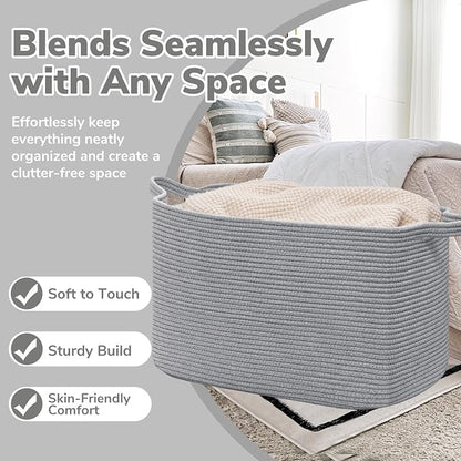 Goodpick 105L Extra Large Blanket Basket 25" x 16" x 16" Cotton Rope Storage Bins for Dirty Clothes, Rectangle Woven Laundry Basket for Living Room Bedroom, Toy Storage Baskets for Kids, Gray