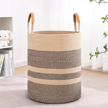 Degeyoyo 60L Striped Laundry Basket, Dark Brown Laundry Hamper with Leather Handles, Woven Cotton Rope Storage Bin for Blankets, Nursery Hamper for Clothes, Toys In Bathroom, Livingroom, Bedroom