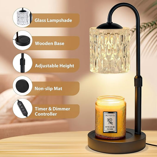 Briever Dimmable Candle Warmer Lamp with Timer, Height Adjustable Electric Candle Wax Warmer, Christmas Birthday Gifts for Women Mom, House Warming Gifts New Home Decor, Black Base with Glass Shade